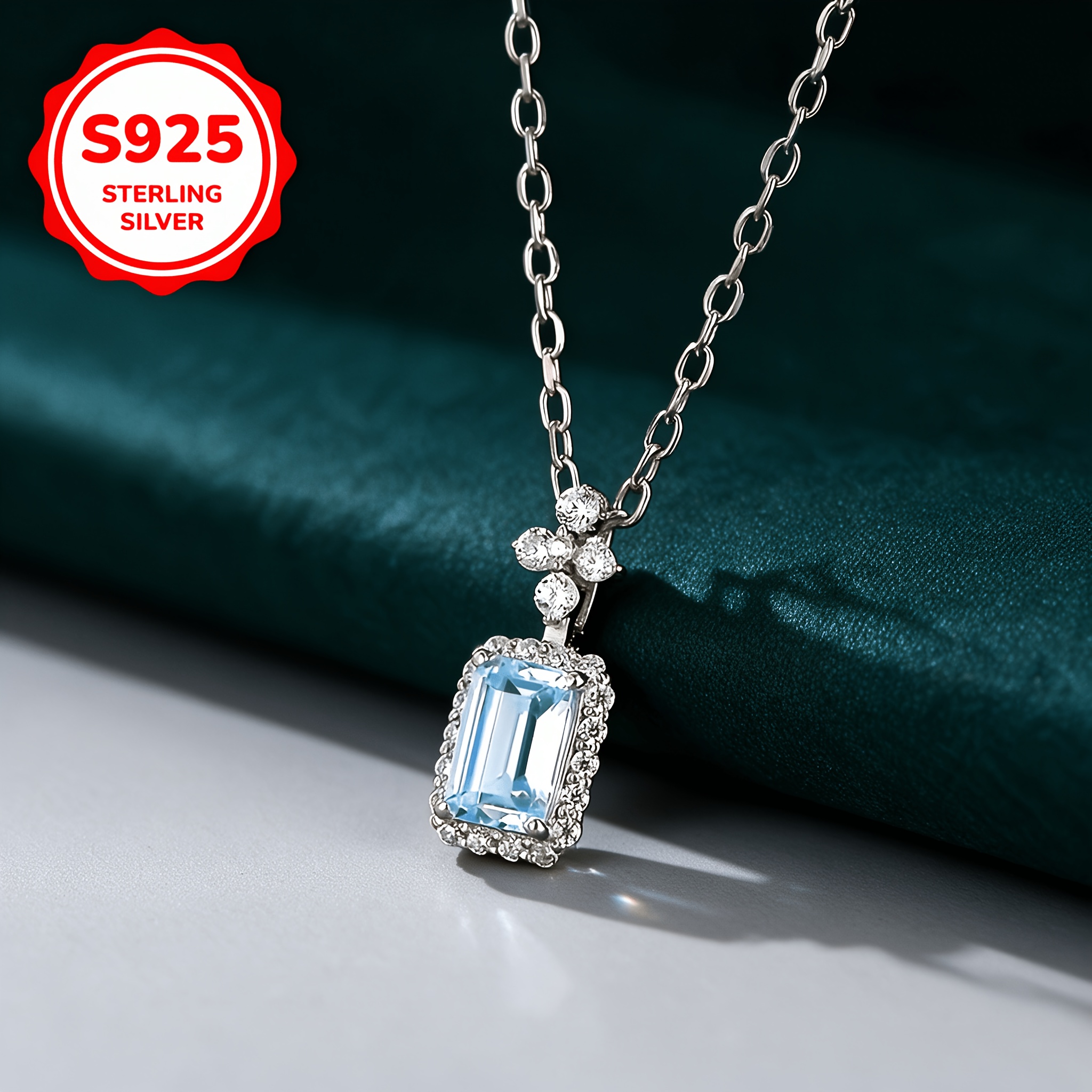 Women's 925 Sterling Silver Teal Blue Square Pendant Necklace